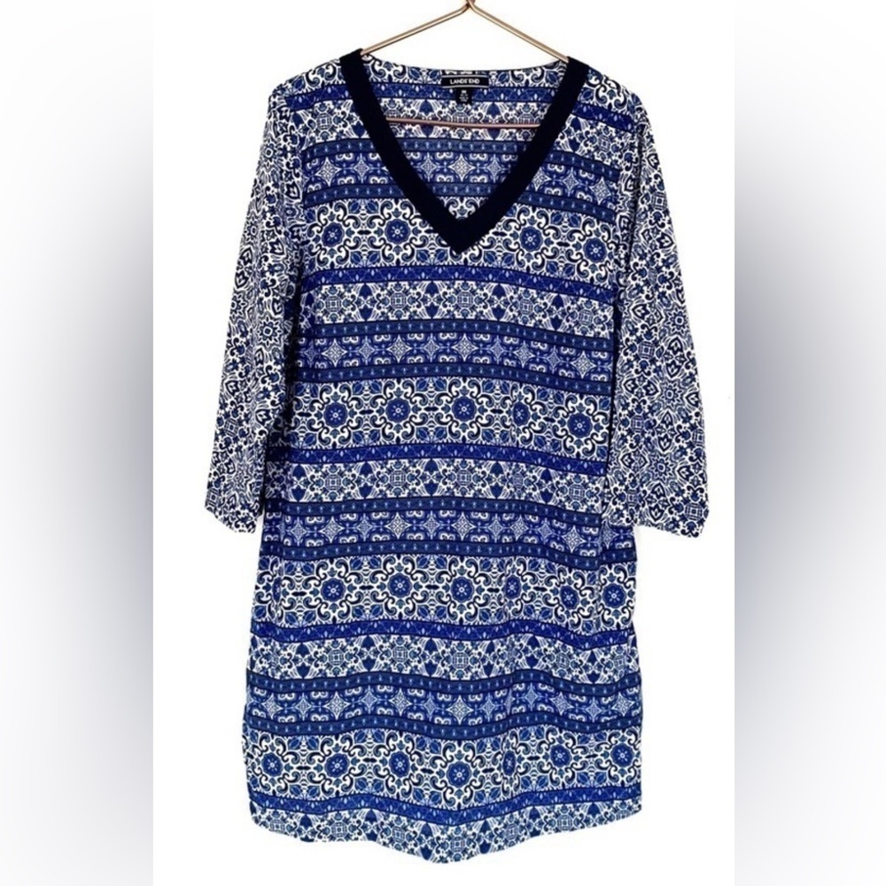 Land’s End Blue Print V-Neck Women's Cotton Shift Dress Med 10-12